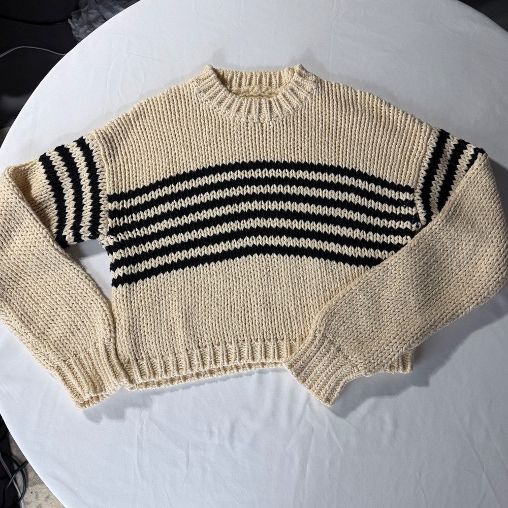 Pistola Small Cream Black Striped Chunky Cotton Knit Cropped Sweater Normcore